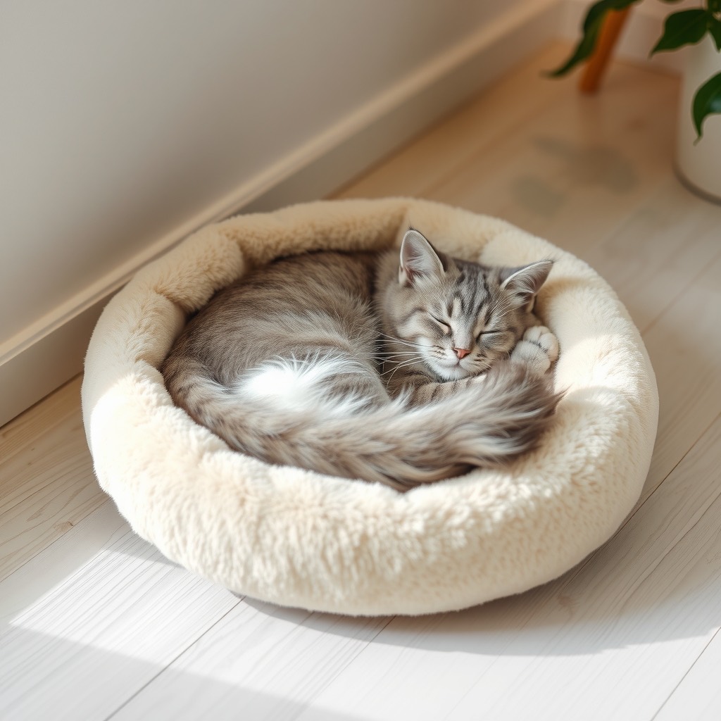 Cat asleep in a calming donut pet bed