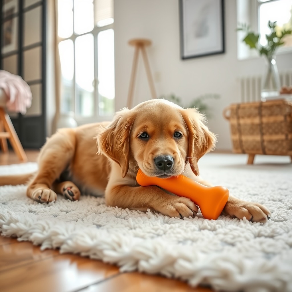 Golden retriever puppy chewing a rubber bone toy